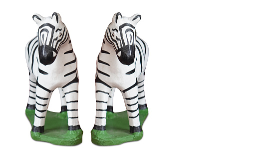 two zebras standing on green floor, on white background, animal, object, retro, copy space