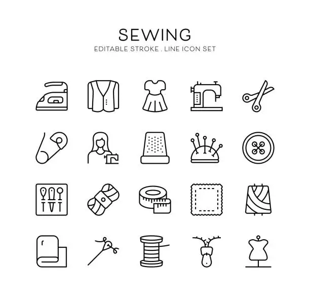 Vector illustration of Sewing, Sewing Machine, Iron, Scissors, Zipper Icons