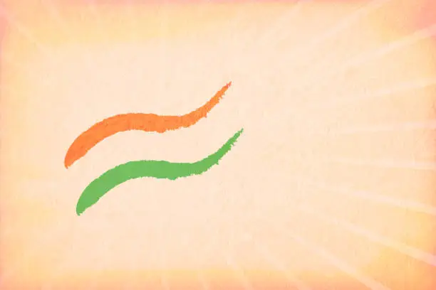 Vector illustration of Horizontal vector of tricolor wavy bands, in bright smudged blotched curved orange or saffron, off white or cream and green colors as in National Flag of India, as brush strokes or smudges over sunburst cream colored background