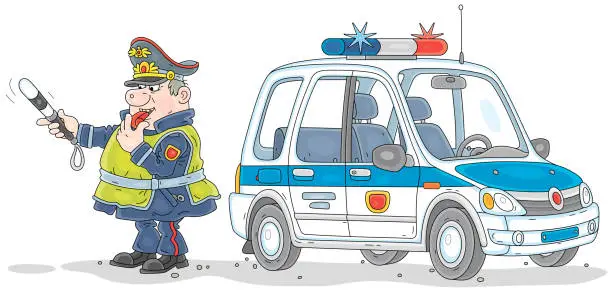 Vector illustration of Police car and a traffic policeman patrolling on a road