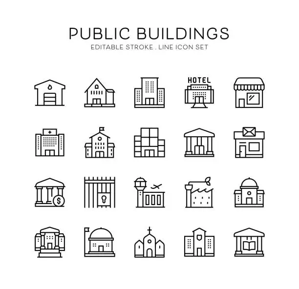 Vector illustration of Public Buildings, Post Office, Fire Station, Office Center, Library, Store Icons