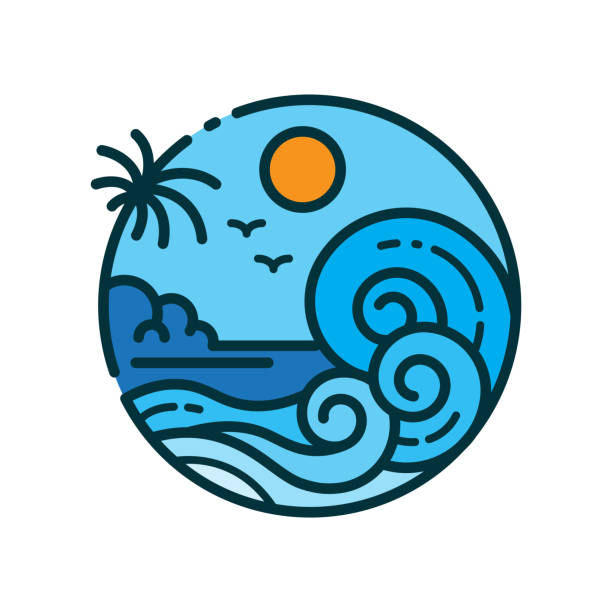 ilustraciones, imágenes clip art, dibujos animados e iconos de stock de diseño isleño con olas de playa - hawaii islands summer surfboard tropical climate