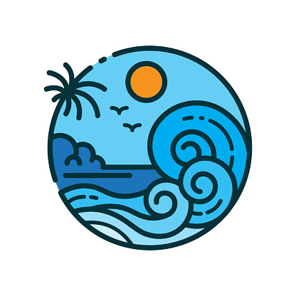 tropical island design with blue waves line style vector illustration