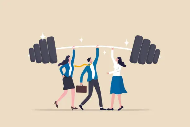 Vector illustration of Teamwork to support for success, cooperate or collaboration to achieve strength, help or togetherness for business solution concept, business people office team help lifting heavy weight successfully.