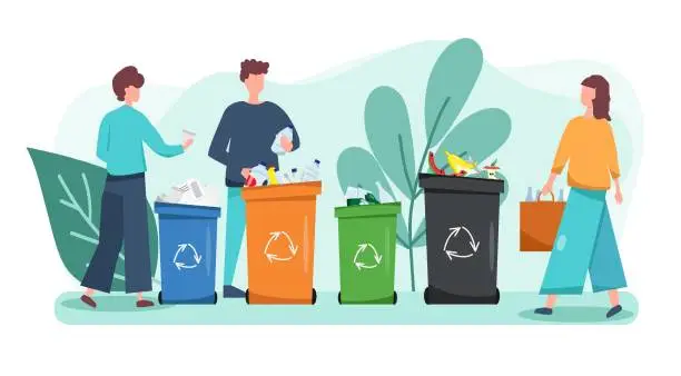 Vector illustration of Set of people sorting the garbage. Zero waste concept