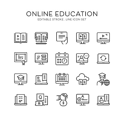 Online Education, E-Book, E-Learning, Flex Time, Audio Books, Video Lessons, Q and A, Online Support, Social Forums, Tutorial, Certificate, Registration, Cloud Library, Repeatable, Schedule, Online Library, Education Apps, Webinar, Examination Icons