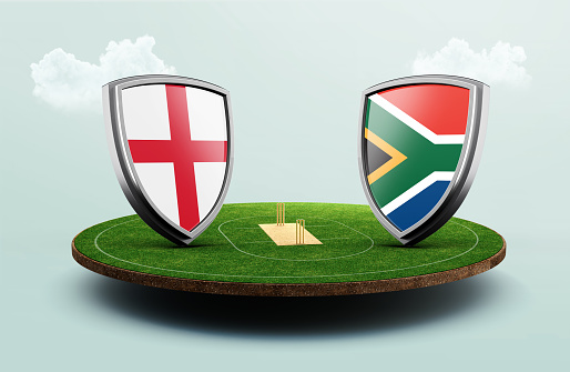 England vs South Africa cricket flags with shield celebration stadium 3d illustration