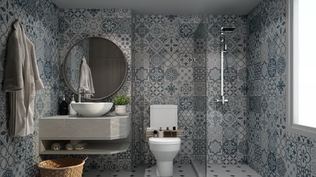 Animation of a modern and minimal bath room or toilet, presenting the same interior in different color versions with changing decors and finishing materials. 3D rendering animation looped.