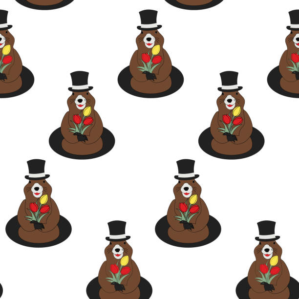 seamless pattern of a groundhog in a hat with a a bouquet tulip in his paws coming out of his hole - groundhog day tatil stock illustrations