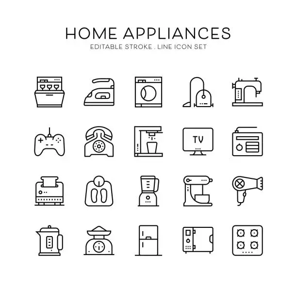 Vector illustration of Home Appliances, Kettle, Oven, Dishwasher, Iron, Sewing Machine Icons