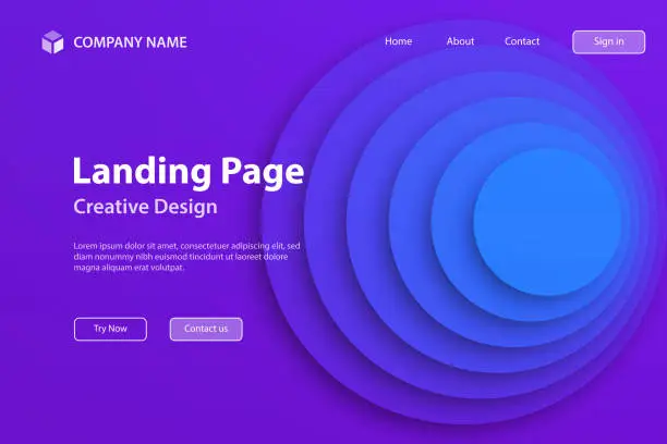 Vector illustration of Landing page Template - Abstract design with circles - Trendy Blue Gradient