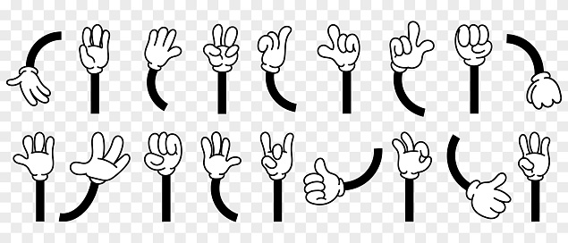 Hands gestures in retro comics style. Hands for cartoon characters. Vector illustration isolated on transparent background.