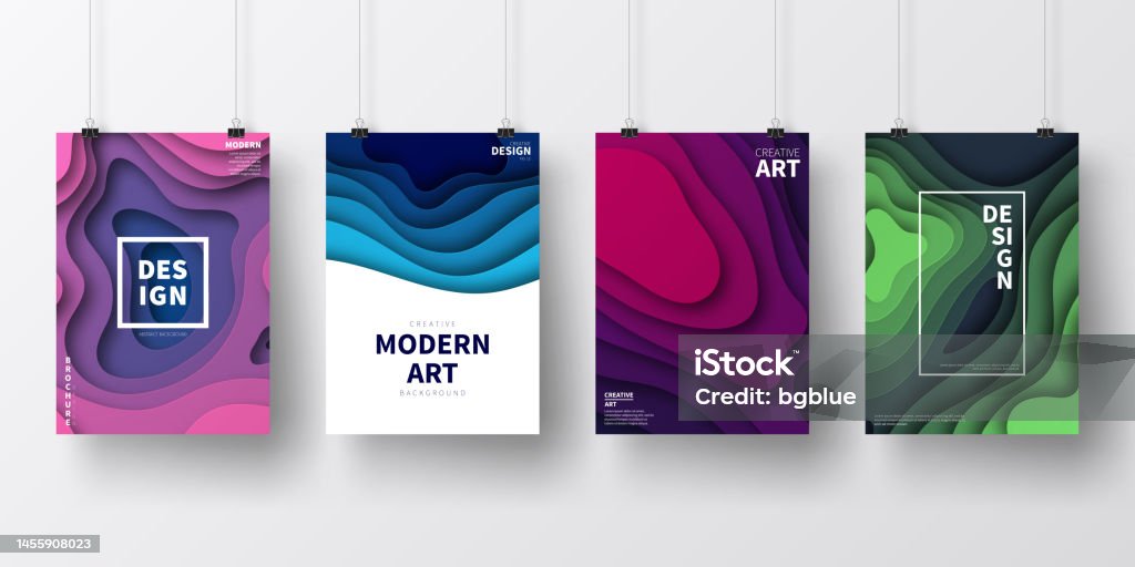 Cropped Poster Posters With Colorful Paper Cut Designs Isolated On White Background ...