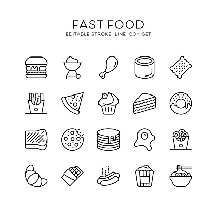 Hamburger, Pizza, Donut, Croissant, Cookies, Fried Egg, Fried Chicken, Cupcake, French Fries, Hot Dog, Pancake, Onion Rings, Biscuits, Barbecue, Chocolate, Sushi, Toast, Cake Icon Design