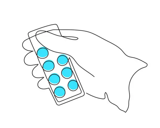 Vector illustration of Gloved hands holding pillss,one line art,continuous drawing contour. Health care medical concept, treatment, preventive measures.Editable stroke.