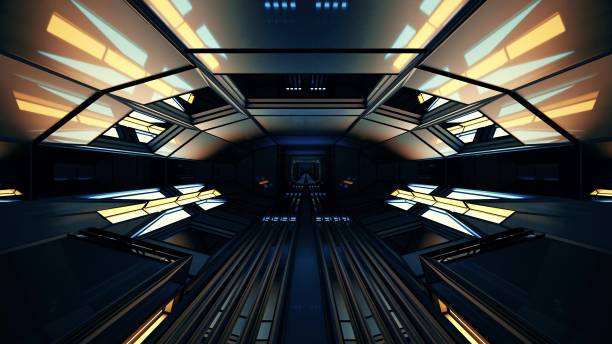 istock Dark futuristic long hallway with illuminated lights 1455914411