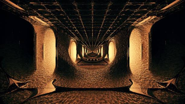 istock Dark futuristic long hallway with illuminated lights 1455914651