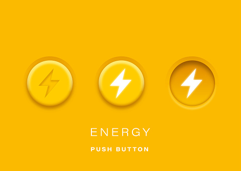 Lightning electric icon. Circular neumorphic electricity, lightning, exploding or danger button design