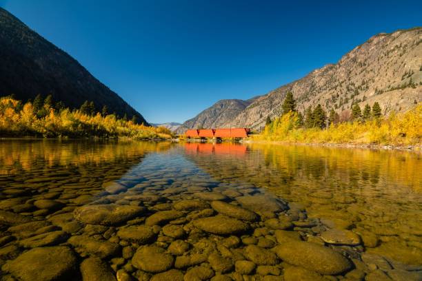 close up da água limpa e as pedras sob o rio similkameen com uma ponte vermelha. - similkameen river - fotografias e filmes do acervo