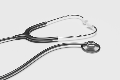 A black and white 3D rendering of a medical stethoscope isolated on a white background