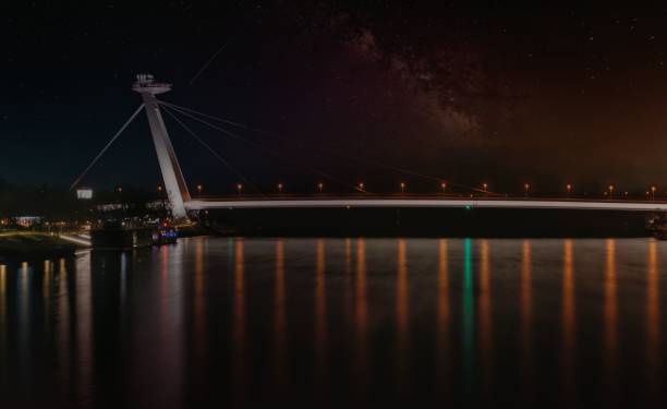 A night view of the beautiful river Danube with bridge lights reflected on the waters, Bratislava