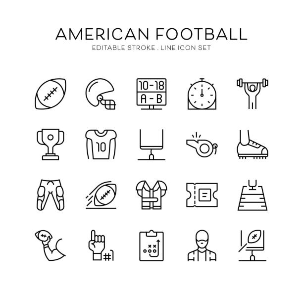 American Football, Ball, Helmet, Winner Cup, Goal, Cleats Icons American Football, Ball, Helmet, Winner Cup, Goal, Cleats, Tactics, Training, Quarterback, Ticket, Jersey, Football Ground, Referee, Whistle, Game Score, Touchdown, Foul Shot, Sports Fan, Duration Icons football locker room stock illustrations