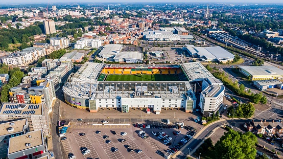 Norwich, United Kingdom – May 04, 2019: Drone shot of Norwich City Football Club with city background