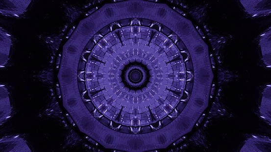 A 3D rendering of futuristic kaleidoscopic patterns background in vibrant purple and black colors