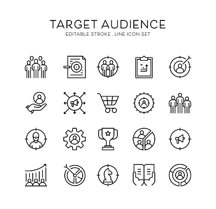 Target Audience, Market, Consumer, Customer, Strategy, Target Market, Audience Management, Research, Analyzing, Core Audience, Intended User, Target Group, Success, Primary Audience, Potential Client, Population, Readers, Advertising Target, Segmentation Icons