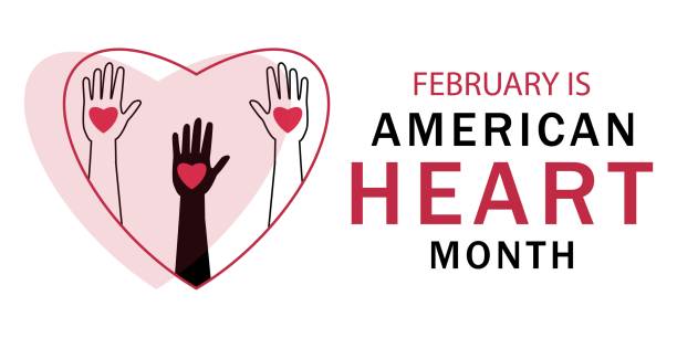 american heart month, konzept. hände verschiedene menschen, text, herzform. horizontale vorlage. vektorillustration für grußbanner. - monat stock-grafiken, -clipart, -cartoons und -symbole