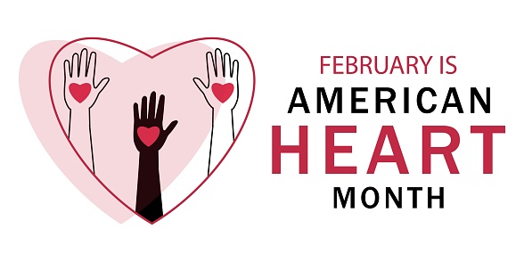 American Heart Month, concept. Hands different people, text, heart shape. Horizontal template. Vector illustration for greeting banner.