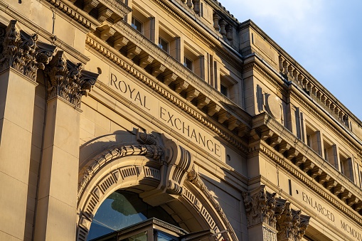 Manchester, United Kingdom – February 06, 2021: Royal Exchange theatre Manchester city centre ornate brick work on facade of building