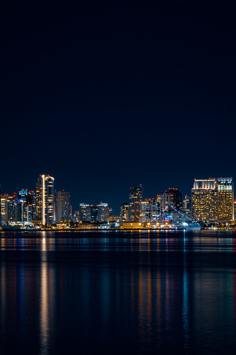 The nightscape of San Diego with illuminated high-rise buildings