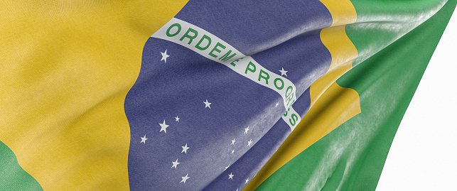 A close up of flying Brazilian flag