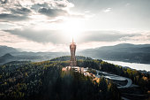 Aerial view of the Pyramidenkogel Tower in Keutschach am See, Austria at sunset or sunrise