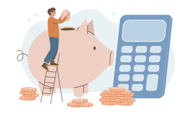 Vector illustration of Man is putting coins in piggy bank. Investment concept. Money saving, deposit. Finance. Web, banner, app, landing.