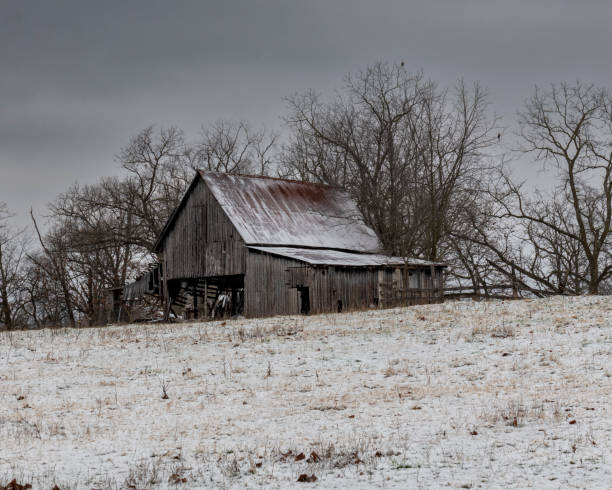istock Old wooden barn in winter 1455926459