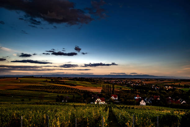 istock Scenic rural landscape with houses and fields under the blue sky 1455926786
