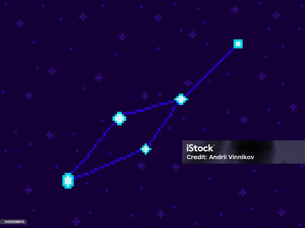Leo Minor constellation in pixel art style. 8-bit stars in the night sky in retro video game style. Cluster of stars and galaxies. Design for applications, banners and posters. Vector illustration 1980-1989 stock vector