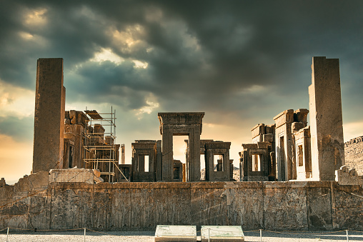 Persepolis, the ancient capital of the Persian Empire, under stormy skies in Iran