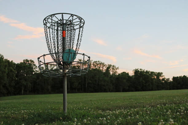 istock Disc golf basket in the green field on a sunny day 1455933563