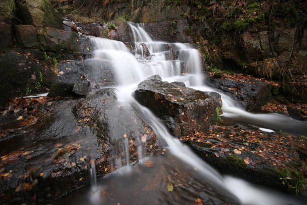 istock Scenic view of a waterfall smoothly flowing down the rocks covered with moss 1455933729