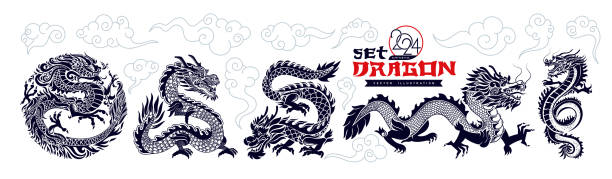 Big set of Traditional Chinese Dragon for tattoo design. Happy Chinese New Year 2024 year of the dragon zodiac sign with asian elements black paper cut style. Collection of modern vector illustration. vector art illustration