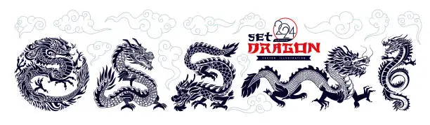 Vector illustration of Big set of Traditional Chinese Dragon for tattoo design. Happy Chinese New Year 2024 year of the dragon zodiac sign with asian elements black paper cut style. Collection of modern vector illustration.