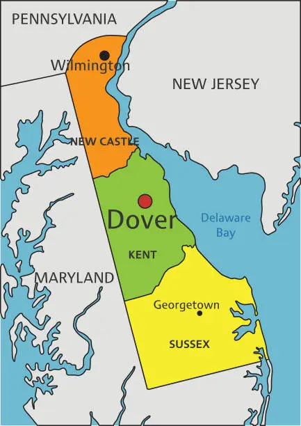 Vector illustration of Colorful Delaware political map with clearly labeled, separated layers. Vector illustration.