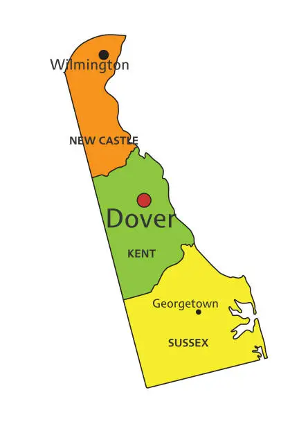 Vector illustration of Colorful Delaware political map with clearly labeled, separated layers. Vector illustration.