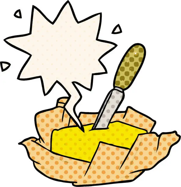 Vector illustration of cartoon traditional pat of butter with knife with speech bubble in comic book style