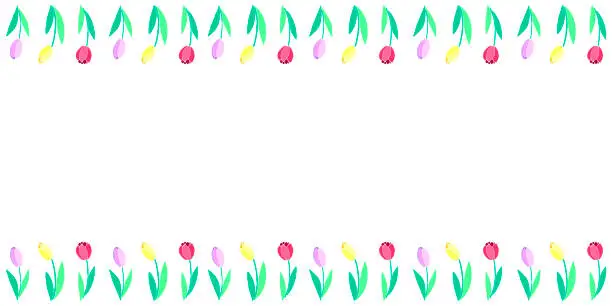 Vector illustration of Spring flowers. Frame from red, pink, yellow tulips. Vector horizontal top and bottom edging, border, decoration for greeting card, invitation, Valentine's, Women's or Mother day