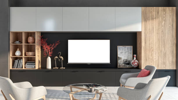 istock Modern living room with a TV on a cabinet 1455938368