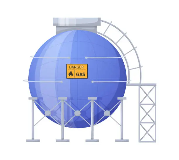 Vector illustration of Gas metal cylinder with helium, propane, bhutan set. Tank with industrial liquefied compressed gas for safety fuel storage. Oil and gas industry supplies